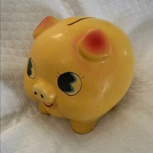 Vintage 1960s Giftcraft Piggy Bank w stopper Big Eye Kitsch Yellow Ceramic